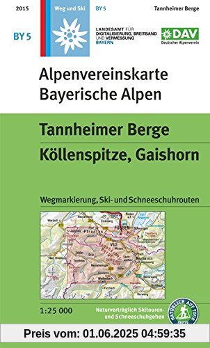 Tannheimer Berge, Köllenspitze, Gaishorn: Topographische Karte mit Wegmarkierungen, Ski- und Schneeschuhrouten (Alpenvereinskarten)