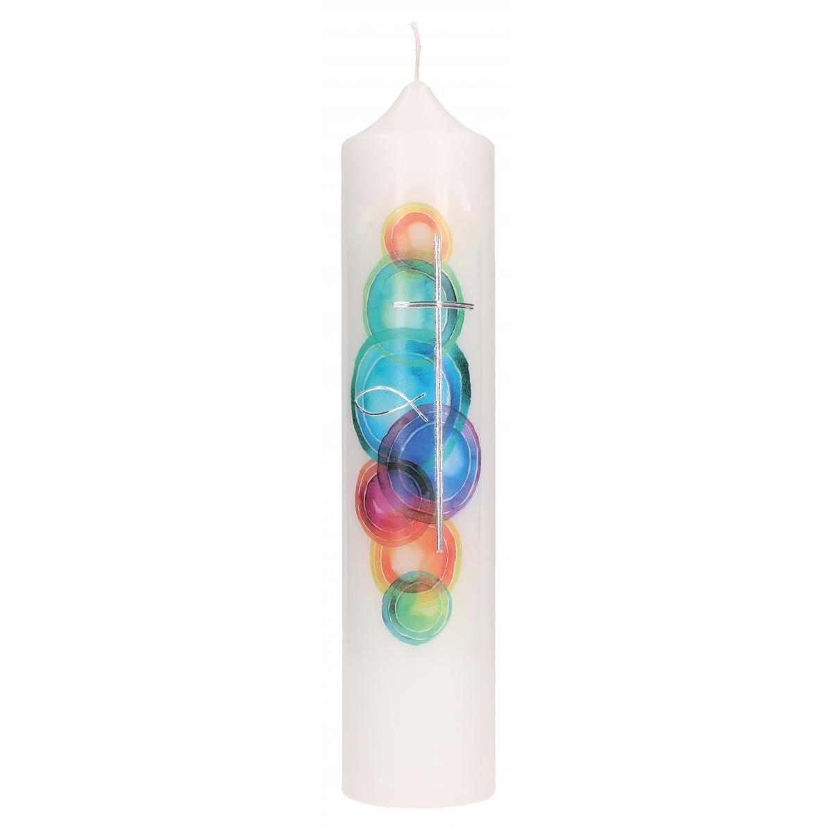 Symbolkerze 250x60 mm Druck- und Wachsmotiv - bunte Kreise mit Fisch und Kreuz i... von Butzon und Bercker