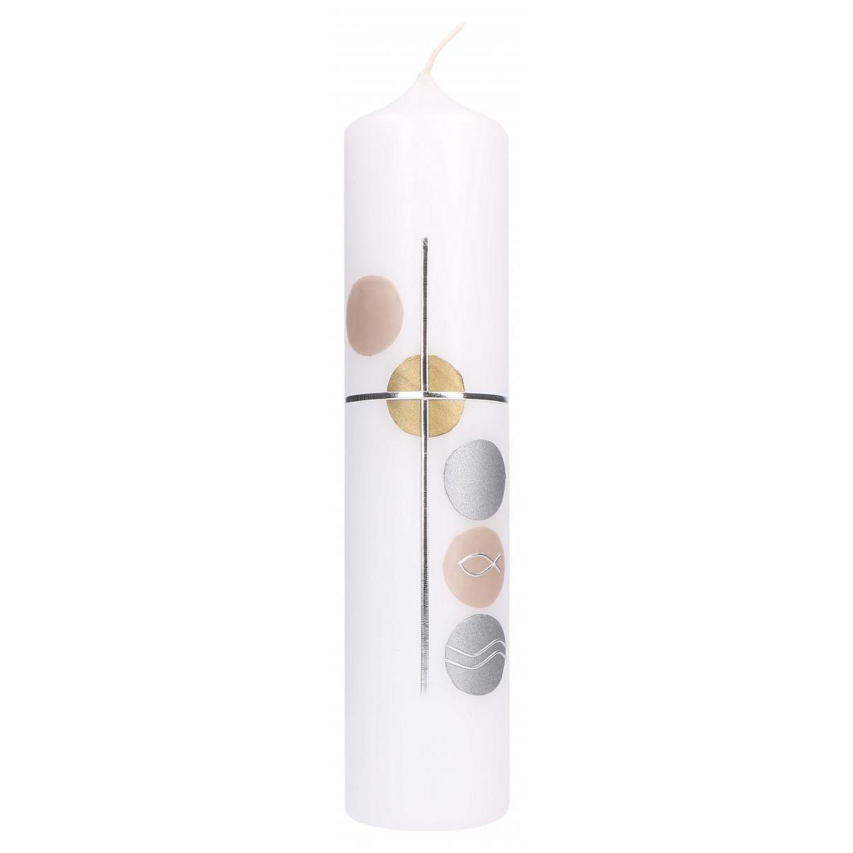 Sybmolkerze 265x60 mm Wachsmotiv - Farbkreise mit Kreuz, Fisch und Wellen in Sil... von Butzon und Bercker