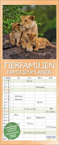 Tierfamilien Familienplaner 2026: Familientimer - 4 große Spalten mit viel Platz. Hochwertiger Familienkalender für Tierliebhaber und Vorschau bis März 2027. 19 x 46 cm. von Korsch Verlag