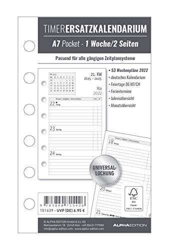 Timer Ersatzkalendarium A7 2022 - Bürokalender - Buchkalender A7 (8x13 cm) - Universallochung - 1 Woche 2 Seiten - 128 Seiten - Alpha Edition: ... - 1 Woche 2 Seiten - 128 Seiten von Alpha Edition