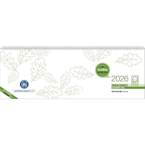 Tischquerkalender Giganta XXL Recycling 2026 - 42,2x14,8 cm - 1 Woche auf 2 Seiten - Bürokalender - Stundeneinteilung 7 - 22 Uhr - 126-0700 von ZETTLER Kalender