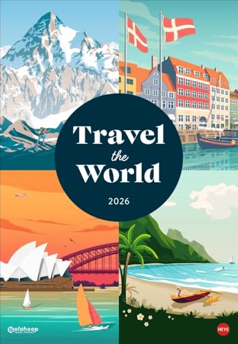 Travel the World Posterkalender 2026: Stylische Vintage-Plakate von traumhaften Reisezielen, für alle die das Fernweh juckt: Großer Wandkalender im Format 37 x 53,5 cm von Heye