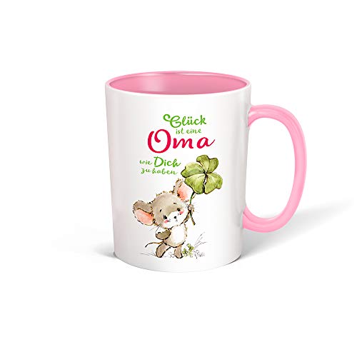Trötsch Tasse Glück Oma weiß rosa: Kaffeetasse Teetasse Geschenkidee Geschenk (Keramiktasse / Glücksmaus)