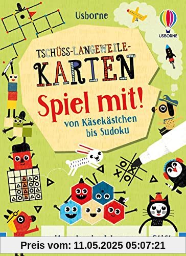 Tschüss-Langeweile-Karten: Spiel mit!: von Käsekästchen bis Sudoku – mit abwischbarem Stift (Tschüss-Langeweile-Reihe)