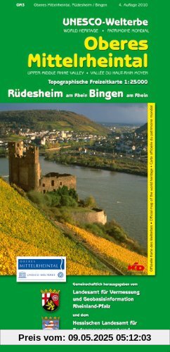 UNESCO-Welterbe - Oberes Mittelrheintal Rüdesheim am Rhein, Bingen am Rhein (WR): Topographische Karte 1:25000 mit Wander- und Radwanderwegen mit Rhein- und Soonwaldsteig