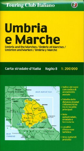 Umbria e Marche /Umbria and the Marches /Umbrien und Marken: 1:200000: Ortsnamenverzeichnis, Strassenentfernungen (Carte Regionali) von Touring Club Italiano