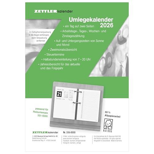 Umleg-Kalender 2026 - 8x10,8 cm - 1 Tag auf 2 Seiten - zum Einheften - Bürokalender mit 2-fach Lochung - Stundeneinteilung von 7 - 20 Uhr - 336-0000 Umleg-Kalender 2026 - 8x10,8 cm - 1 Tag auf 2 Seiten - zum Einheften - Bürokalender mit 2-fach Lochung - Stundeneinteilung von 7 - 20 Uhr - 336-0000 von ZETTLER Kalender
