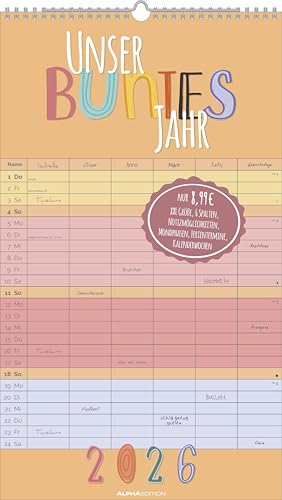 Unser buntes Jahr 2026 Familienplaner - Familien-Timer 26x45 cm - Offset-Papier - mit Ferienterminen - Wand-Planer - Familienkalender - Alpha Edition von ALPHA EDITION