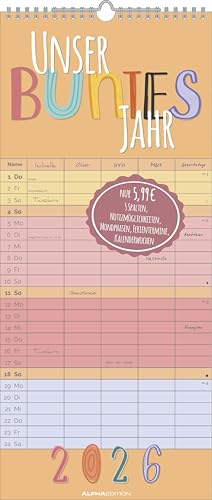 Unser buntes Jahr 2026 Familienplaner - Terminkalender - Familienkalender - 19,5x45 von ALPHA EDITION