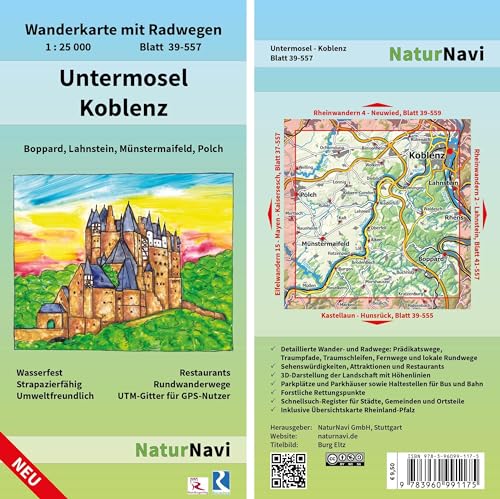 Untermosel - Koblenz: Wanderkarte mit Radwegen, Blatt 39-557, 1 : 25 000, Boppard, Lahnstein, Münstermaifeld, Polch (NaturNavi Wanderkarte mit Radwegen 1:25 000) von NaturNavi