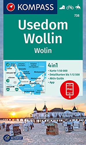 KOMPASS Wanderkarte 738 Insel Usedom - Insel Wollin/Wolin 1:50.000: 4in1 Wanderkarte mit Aktiv Guide und Detailkarten inklusive Karte zur offline Verwendung in der KOMPASS-App. Fahrradfahren.