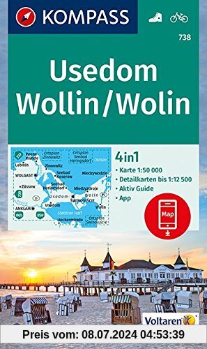 Usedom, Wollin/Wolin: 4in1 Wanderkarte 1:50000 mit Aktiv Guide und Detailkarten inklusive Karte zur offline Verwendung in der KOMPASS-App. Fahrradfahren. (KOMPASS-Wanderkarten, Band 738)