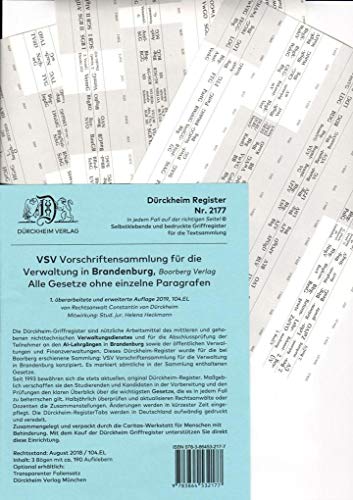 DürckheimRegister VSV BRANDENBURG, BOORBERG Verlag: 190 bedruckte Griffregister für die Vorschriftensammlung für die Verwaltung in BRANDENBURG • In ... • In jedem Fall auf der richtigen Seite