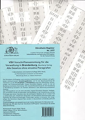 DürckheimRegister VSV BRANDENBURG, BOORBERG Verlag: 190 bedruckte Griffregister für die Vorschriftensammlung für die Verwaltung in BRANDENBURG • In ... • In jedem Fall auf der richtigen Seite von Dürckheim Verlag