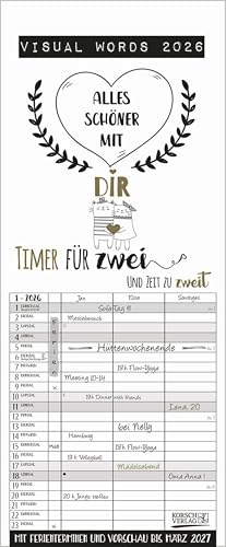 Visual Words Timer für 2 2026: Familienplaner mit 3 breiten Spalten. Typo-Art Familienkalender mit Ferienterminen, Vorschau bis März 2027 und vielem mehr. von Korsch Verlag