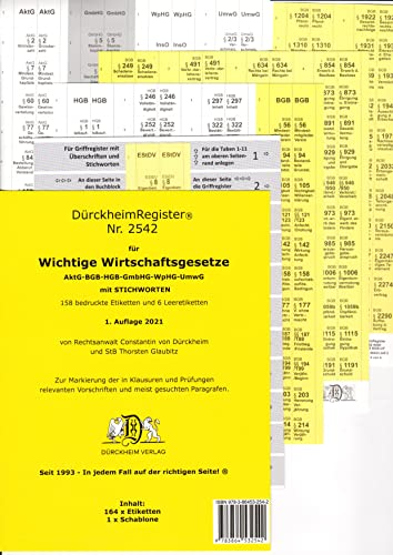 DürckheimRegister WICHTIGE WIRTSCHAFTSGESETZE (BGB, HGB, GmbHG, AktG, UmwG) mit STICHWORTEN: 150 Registeretiketten (sog. Griffregister) für das ... • In jedem Fall auf der richtigen Seite von Drckheim Verlag GmbH