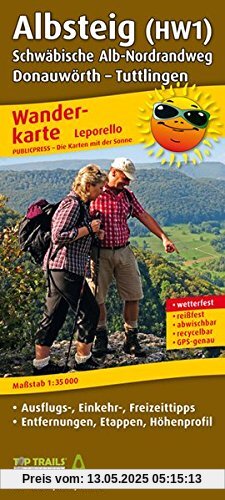 Wanderkarte Albsteig (HW1), Schwäbische Alb-Nordrandweg, Donauwörth - Tuttlingen: wetterfest, reißfest, abwischbar, GPS-genau, Leporello-Falzung. 1 : 35000