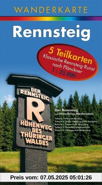 Wanderkarte Rennsteig: 5 Kartenblätter in einem Umschlag. Maßstab 1:35.000. Wanderkarte Rennsteig: 5 Kartenblätter in einem Umschlag. Maßstab 1:35.000.