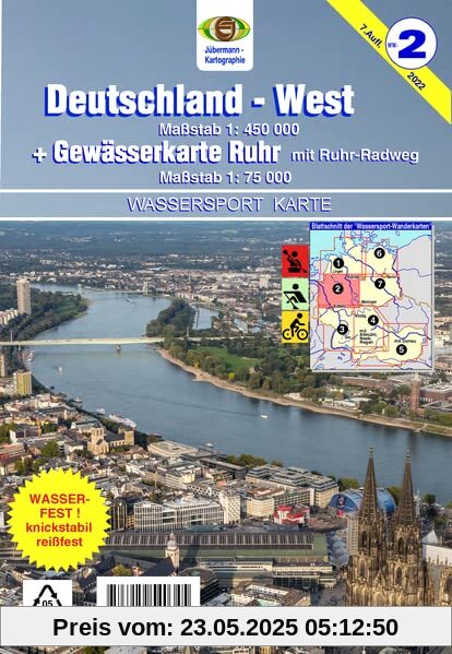 Wassersport-Wanderkarte / Deutschland-West mit Gewässerkarte Ruhr: Kanu-und Rudersportgewässer / Maßstab 1: 450 000, Ruhr: 1: 75 000 (Wassersport-Wanderkarte: Kanu-und Rudersportgewässer)