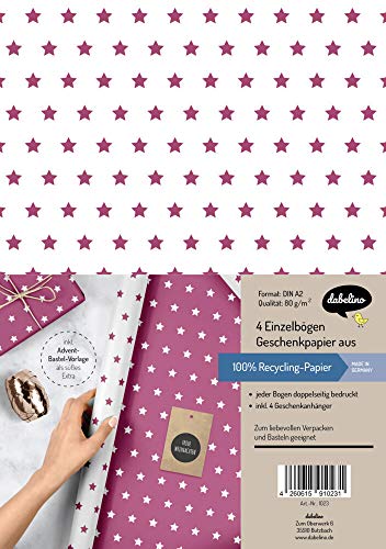 Weihnachtsgeschenkpapier-Set: Sterne (lila/ weiß): 4x Einzelbögen + 4x Geschenkanhänger von dabelino