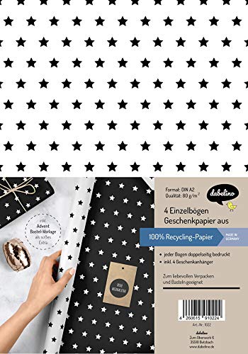 Weihnachtsgeschenkpapier-Set: Sterne (schwarz/ weiß): 4x Einzelbögen + 4x Geschenkanhänger von dabelino