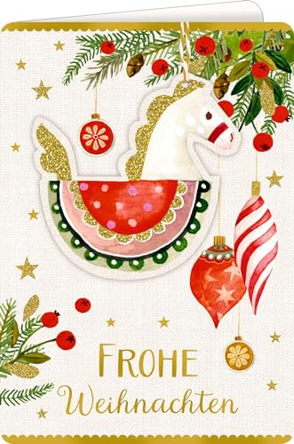 Weihnachtskarte mit Anhänger: Schaukelpferd - Festliche Weihnachten: Doppelgrußkarte mit Glitter und Goldfolie Weihnachtskarte mit Anhänger: Schaukelpferd - Festliche Weihnachten: Doppelgrußkarte mit Glitter und Goldfolie