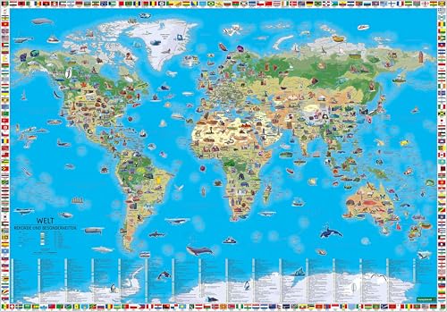 Weltkarte für Kinder, 1:22.000.000, Poster metallbestäbt, freytag & berndt: 137,5 x 96 cm, Rekorde und Besonderheiten, illustrierte Kinderweltkarte (freytag & berndt Poster + Markiertafeln) von FREYTAG-BERNDT UND ARTARIA