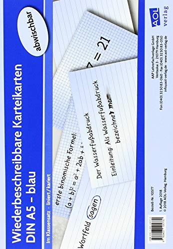 Wiederbeschreibbare Karteikarten DIN A5 - blau: Im Klassensatz - liniert/kariert: Im Klassensatz - liniert/kariert - abwischbar