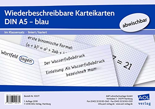 Wiederbeschreibbare Karteikarten DIN A5 - blau: Im Klassensatz - liniert/kariert: Im Klassensatz - liniert/kariert - abwischbar