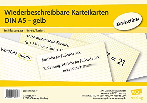 Wiederbeschreibbare Karteikarten DIN A5 - gelb: Im Klassensatz - liniert/kariert von AOL-Verlag in der AAP Lehrerwelt