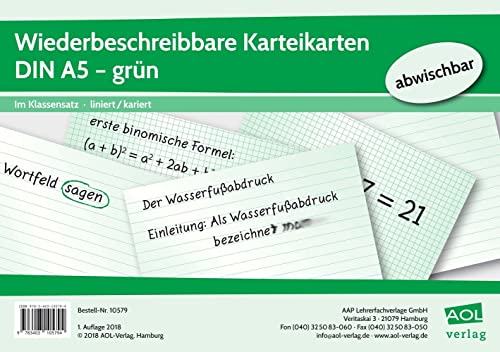 Wiederbeschreibbare Karteikarten DIN A5 - grün: Im Klassensatz - liniert/kariert von Aol-Verlag In Der Aap Lehrerwelt