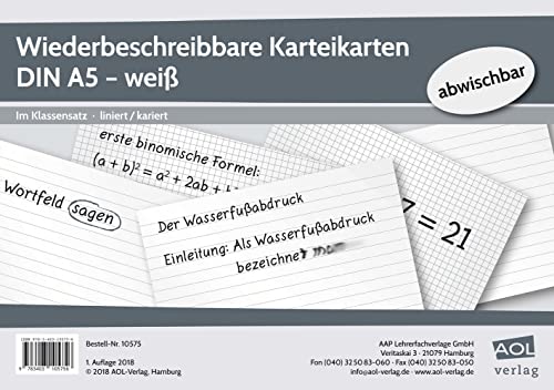 Wiederbeschreibbare Karteikarten DIN A5 - weiß: Im Klassensatz - liniert/kariert: Im Klassensatz - liniert/kariert - abwischbar von Aol-Verlag In Der Aap Lehrerwelt