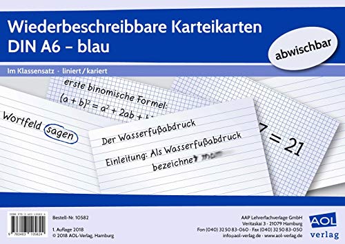 Wiederbeschreibbare Karteikarten DIN A6 - blau: Im Klassensatz - liniert/kariert: Im Klassensatz - liniert/kariert - abwischbar von AOL-Verlag in der AAP Lehrerwelt