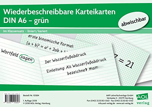 Wiederbeschreibbare Karteikarten DIN A6 - grün: Im Klassensatz - liniert/kariert: Im Klassensatz - liniert/kariert - abwischbar von AOL-Verlag in der AAP Lehrerwelt