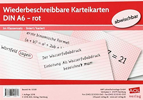 Wiederbeschreibbare Karteikarten DIN A6 - rot: Im Klassensatz - liniert/kariert