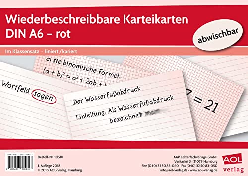 Wiederbeschreibbare Karteikarten DIN A6 - rot: Im Klassensatz - liniert/kariert