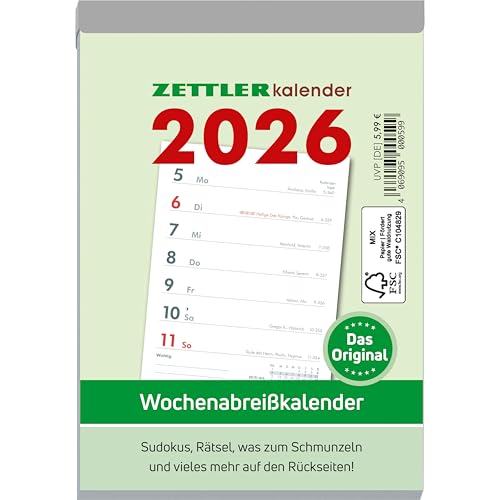 Wochenabreißkalender 2025 - 10,5x14,6 cm - 1 Woche auf 1 Seite - mit Sudokus, Rezepten, Rätseln uvm. auf den Rückseiten - Bürokalender 325-0000 von ZETTLER Kalender