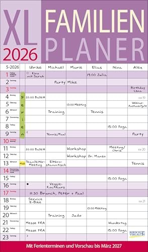 XL Familienplaner 2026: Familienkalender mit 6 breiten Spalten. Hochwertiger Familientimer mit Ferienterminen, extra Spalte, Vorschau bis März 2027 und nützlichen Zusatzinformationen. von Korsch Verlag
