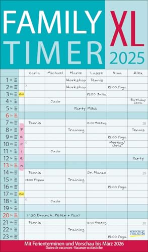 XL Family Timer 2025: Familienplaner mit 6 breiten Spalten. Hochwertiger Familienkalender mit Ferienterminen, extra Spalte, Vorschau bis März 2026 und nützlichen Zusatzinformationen. von Korsch Verlag
