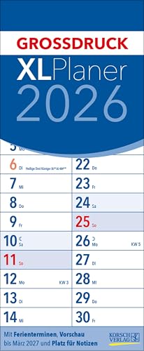 XL Planer Großdruck 2026: Praktischer Streifenkalender mit Spiralbindung und extra großen Zahlen. Format: 19 x 46 cm XL Planer Großdruck 2026: Praktischer Streifenkalender mit Spiralbindung und extra großen Zahlen. Format: 19 x 46 cm von Korsch Verlag