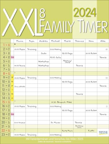 XXL Family Timer 8 2024: Familienplaner mit 8 breiten Spalten. Hochwertiger Familienkalender mit Ferienterminen, extra Spalte, Vorschau bis März 2025 und nützlichen Zusatzinformationen. von Korsch Verlag