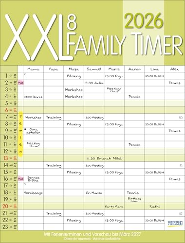 XXL Family Timer 8 2026: Familienplaner mit 8 breiten Spalten. Hochwertiger Familienkalender mit Ferienterminen, extra Spalte, Vorschau bis März 2027 und nützlichen Zusatzinformationen. von Korsch Verlag