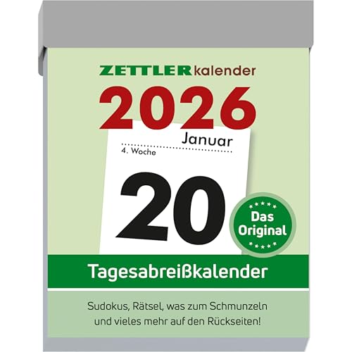 Zettler Tagesabreißkalender M 2026 5,4x7,2 cm Bürokalender 1 Tag auf 1 Seite mit Sudokus, Sprüchen, Rätseln uvm. Auf den Rückseiten Zettler Tagesabreißkalender M 2026 5,4x7,2 cm Bürokalender 1 Tag auf 1 Seite mit Sudokus, Sprüchen, Rätseln uvm. Auf den Rückseiten von ZETTLER Kalender