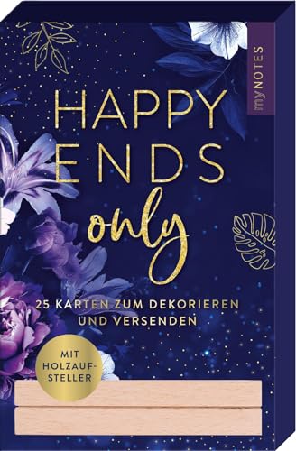 myNOTES Papeterie: Kartenbox Romance: HAPPY ENDS ONLY | 25 Karten mit Holzaufsteller, perfektes Geschenk für (Dark) Romance Fans