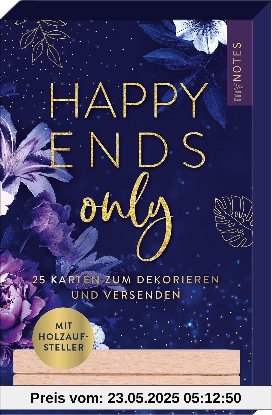 myNOTES Papeterie: Kartenbox Romance: HAPPY ENDS ONLY | 25 Karten mit Holzaufsteller, perfektes Geschenk für (Dark) Romance Fans