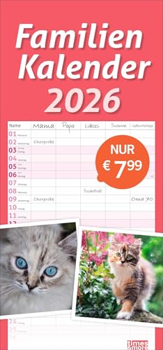 times&more Katzen Familienplaner 2026: Ein praktischer Kalender mit 5 Spalten für Pläne, Termine und Notizen der ganzen Familie. Niedliche Katzenfotos ... (Familienplaner Heye) von Heye